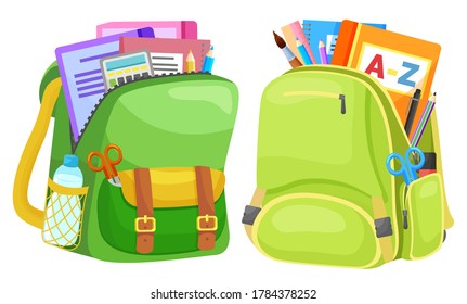 Colored school backpack. Education and study back to school, schoolbag luggage, rucksack vector illustration. Kids school bag with education equipment. Backpacks with study supplies. Student satchels