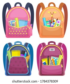 Colored school backpack. Education and study back to school, schoolbag luggage, rucksack vector illustration. Kids school bag with education equipment. Backpacks with study supplies. Student satchels