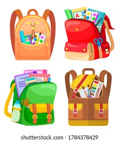 Colored school backpack. Education and study back to school, schoolbag luggage, rucksack vector illustration. Kids school bag with education equipment. Backpacks with study supplies. Student satchels