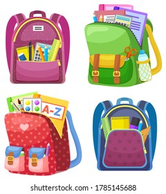 Colored school backpack. Education and study back to school, schoolbag luggage, rucksack vector illustration. Kids school bag with education equipment. Backpacks with study supplies. Student satchels