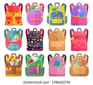 Colored school backpack. Education and study back to school, schoolbag luggage, rucksack vector illustration. Kids school bag with education equipment. Backpacks with study supplies. Student satchels