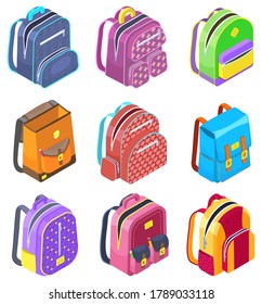 Colored school backpack. Education and study back to school, schoolbag luggage, rucksack vector illustration. Kids school bag with education equipment. Backpacks with study supplies. Student satchels