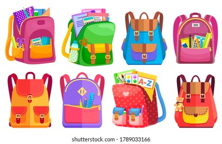 Colored school backpack. Education and study back to school, schoolbag luggage, rucksack vector illustration. Kids school bag with education equipment. Backpacks with study supplies. Student satchels