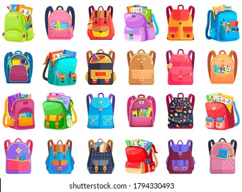 Colored school backpack. Education and study back to school, schoolbag luggage, rucksack vector illustration. Kids school bag with education equipment. Backpacks with study supplies. Student satchels