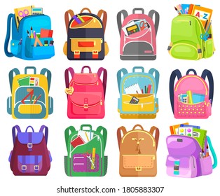 Colored school backpack. Education and study back to school, schoolbag luggage, rucksack. Kids school bag with education equipment. Backpacks with study supplies. Student satchels