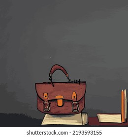 Colored school backpack. Education and study back to school, schoolbag luggage vector illustration. Kids school bag with education equipment. Backpacks with study supplies.