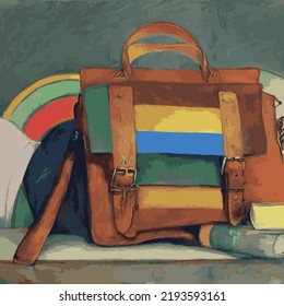 Colored school backpack. Education and study back to school, schoolbag luggage vector illustration. Kids school bag with education equipment. Backpacks with study supplies.