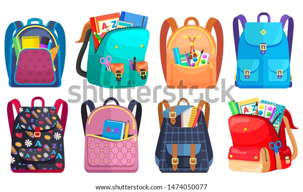 Colored school backpack. Education and study\
back to school, schoolbag luggage, rucksack vector illustration.\
Kids school bag with education equipment. Backpacks with study\
supplies. Student\
satchels