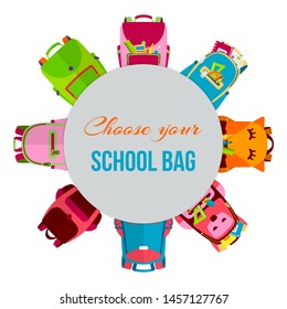 Colored school backpacks in circle vector illustration. Backpacks with school supplies, notebooks, pencils, pens, rulers. Education and study back to school, schoolbag luggage, rucksack.