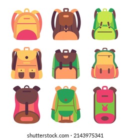 Colored school backpacks set. Education and study back to school, schoolbag luggage, rucksack. Vector illustration.