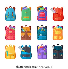 Colored school backpacks set. Backpacks with school supplies, notebooks, pencils, pens, rulers, scissors, paper. Education and study back to school, schoolbag luggage, rucksack vector illustration