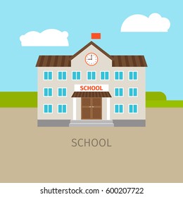 Colored school building with sky and clouds, vector illustration