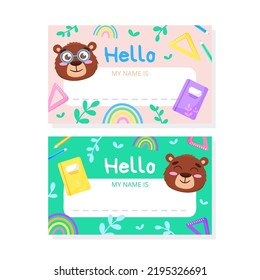 Colored school labels for kids and class names with bears and school items. Vector flat drawing. Printing, wallpapers, children's education, stickers