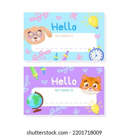 Colored school labels for kids and class names with dog, cat and school items. Vector flat drawing. Printing, wallpapers, children's education, stickers