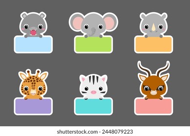 Colored school labels set for kids. Cute cartoon animals shaped notepads, memo pad, sticky tags, scrapbooking, cards, baby shower, invitation. Vector stock illustration