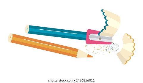 Colored school pencils with sharpener and shavings.