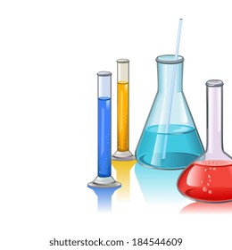 Colored science laboratory flasks and tubes glassware medical research template vector illustration