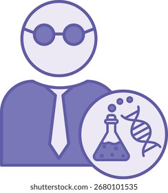 Colored Scientist Teacher Icon. Vector Illustration. Professor with Glasses and a Tie. Science Experiment Flask and DNA. School and Education Concept