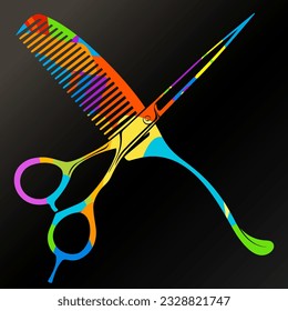 Colored scissors and comb. Hair stylist and beauty salon design