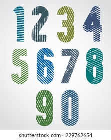 Colored scratched numbers with rounded corners on white background.