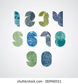 Colored scratched rounded numbers on white background.