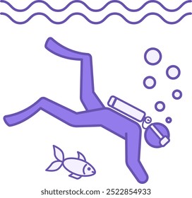 Colored Scuba Diving Icon. Vector Icon. Scuba Diver Exploring Marine Environment. Floating Sea Fish. Snorkeling. Adventure and Travel Concept