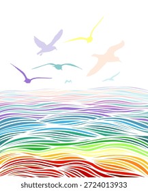 Fondo de mar coloreado con gaviotas voladoras. dibujado a mano. IA no, Ilustración vectorial.