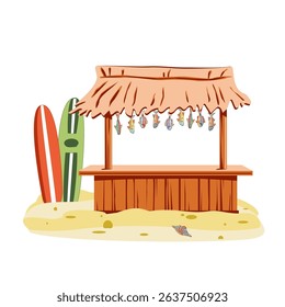 Colored sea composition with beach bar, sand, seashell, surfboard, garland of fish. Vector illustration. Sea elements for greeting cards, decoration, magazines, banners, menu, patterns and designs
