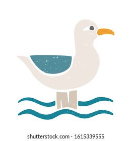 Colored sea gull on a log isolated on transparent background. Colorful pictogram original design. Can be used for infographics, identity or decoration. Vector shabby hand drawn illustration