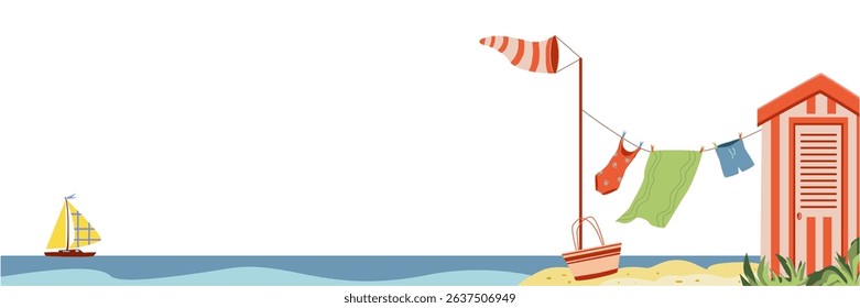 Colored sea landscape with beach hut, yellow yacht, swimsuit, shorts, towel, bag. Vector illustration. Sea elements for greeting cards, decoration, magazines, banners, menu, patterns and designs