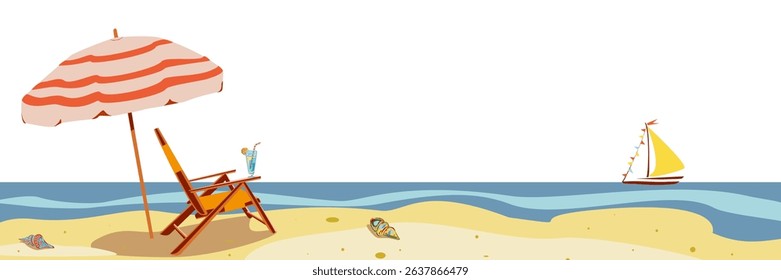 Colored sea landscape with beach umbrella, yellow yacht, chaise lounge, cocktail. Vector illustration. Sea elements for greeting cards, decoration, magazines, banners, menu, patterns and designs