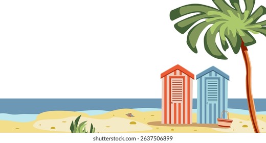 Colored sea landscape with blue, red, beach huts, yellow yacht, palms, bushes, bag. Vector illustration. Sea elements for greeting cards, decoration, magazines, banners, menu, patterns and designs