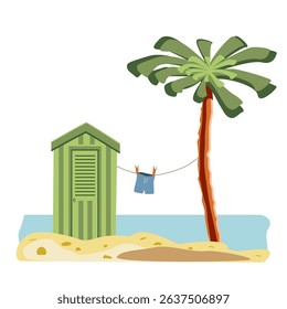Colored sea landscape with green beach hut, shorts, palm, yellow sand, pebbles. Vector square illustration. Sea elements for greeting cards, decoration, magazines, banners, menu, patterns and designs
