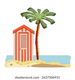 Colored sea landscape with red-pink beach hut, palm, water, yellow sand, pebbles. Vector square illustration. Sea elements for greeting cards, decoration, magazines, banners, menu, patterns and design