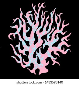 Colored sea reef coral isolated on black. Hand drawn textured  graphic. Element for design ocean background, print, poster, banner, textile, fabric.