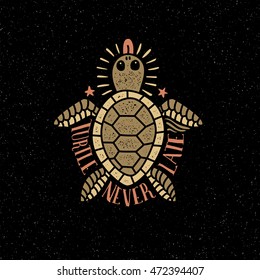 Colored sea turtle shows tongue on a dark backdrop in retro style. Textures and background on separate layers.