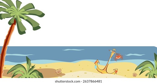 Colored sea view with crab, anchor, sand, green palm, plants, waves. Vector illustration. Sea elements for greeting cards, decoration, magazines, banners, menu, patterns and designs
