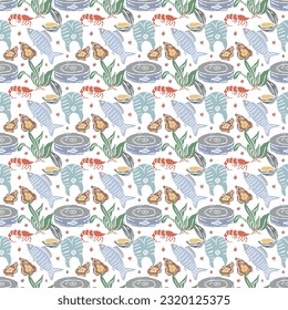 Colored seafood pattern. Drawn seafood background