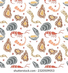 Colored seafood pattern. Drawn seafood background