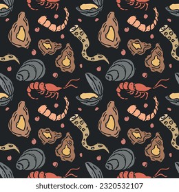 Colored seafood pattern. Drawn seafood background