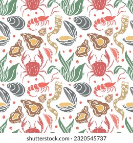 Colored seafood pattern. Drawn seafood background