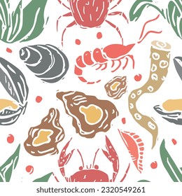 Colored seafood pattern. Drawn seafood background