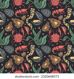Colored seafood pattern. Drawn seafood background