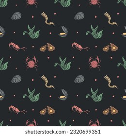 Colored seafood pattern. Drawn seafood background