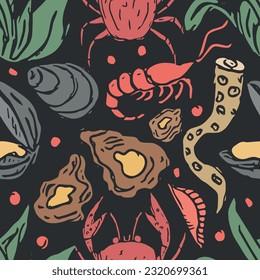 Colored seafood pattern. Drawn seafood background