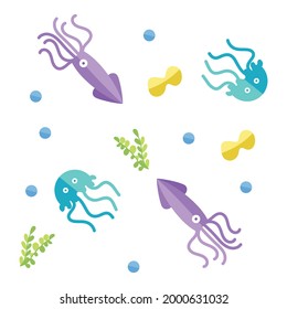 Colored sealife pattern with squids and jellyfishes Vector