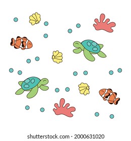 Colored sealife pattern with turtles and fishes Vector