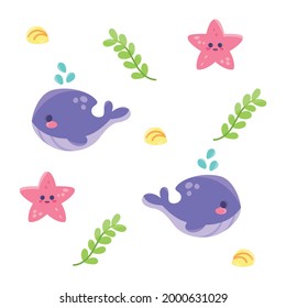 Colored sealife pattern with whales and seastars Vector