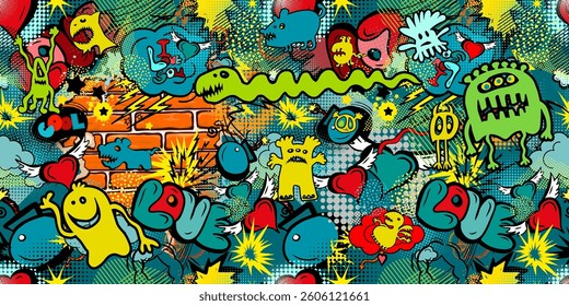 Colored seamless background with funny monsters. hand drawing. Not AI, Vector illustration.