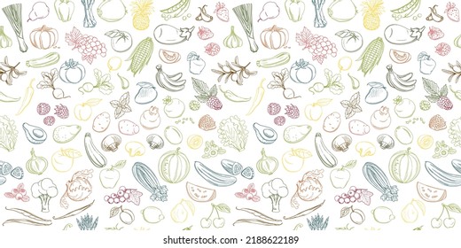 Colored Seamless background pattern of organic farm fresh fruits and vegetables. Vector illustration. Outline line flat style design. White backdrop.